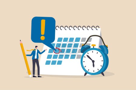 Téléchargez les illustrations : Important appointment calendar date, reminder or schedule for meeting or event, work deadline or planning for launch date concept, businessman with make a red circle on important day on calendar. - en licence libre de droit