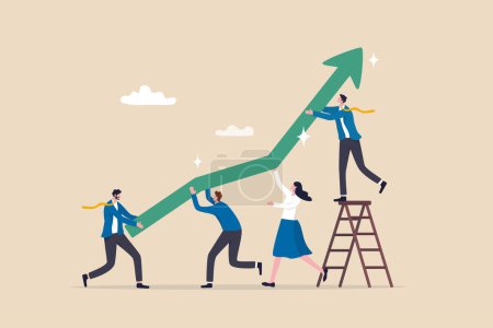 Ilustración de Team growth, teamwork to help improve working and achieve success, work together or cooperate to increase efficiency concept, business people help pushing green graph and chart arrow rising up. - Imagen libre de derechos