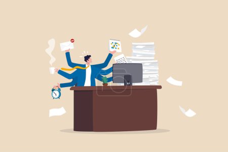 Ilustración de Workaholic, busy businessman multitasking or tired and exhausted from overworked, overload job, lot of paper works concept, workaholic businessman working hard on his office desk with paper works. - Imagen libre de derechos