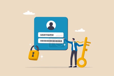 Illustration for Strong password for cyber security, high protection and safety for login account, secure data privacy, online authentication concept, businessman hold key with user account lock with strong lock pad. - Royalty Free Image