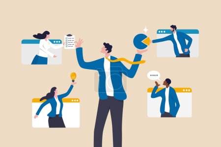Téléchargez les illustrations : Vendor, third party or outsourcing, work with client or colleagues virtually, contractors or supplier, provider or partner concept, business people work virtually together collaborate for success. - en licence libre de droit
