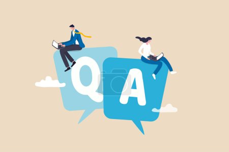 Téléchargez les illustrations : Q and A, question and answers, FAQ frequently asked question, information or solution to solve problem, resolution or advice concept, business people working on dialog with question and answer. - en licence libre de droit