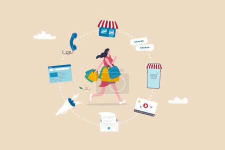 Illustration for Omnichannel marketing, multi channel for customer to buy products, young woman customer with shopping bags buying from multi channel store, website, mobile and other chat and call center. - Royalty Free Image