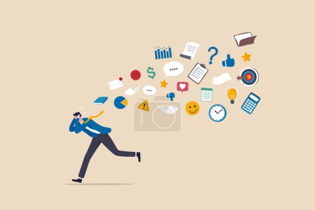 Illustration for Information overload, excess distraction or overworked, overwhelmed data consume, problem with schedule or workload concept, frustrated businessman run away from flying social and work information. - Royalty Free Image
