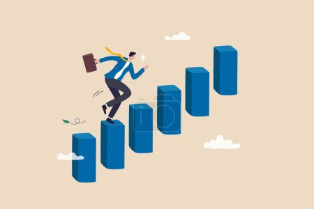 Illustration for Career advancement, development or business growth, progress to more responsibility, salary or job promotion, improvement opportunity concept, success businessman step up growing bar graph stairs. - Royalty Free Image