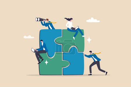 Téléchargez les illustrations : Project team collaboration, teamwork, partnership or coworker working together to solve problem and achieve success, cooperation concept, businessman woman colleague working together on jigsaw puzzle. - en licence libre de droit