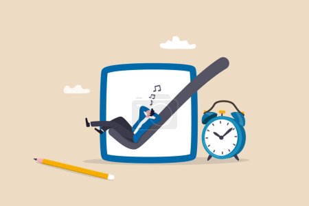 Illustration for Easy completed task or finish work within deadline, efficiency or productivity, tick checkbox or work done, effort or check list concept, businessman relax sleep on complete checkbox with alarm clock. - Royalty Free Image