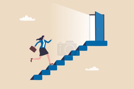 Karrierechance, Tür zum Erfolg, Karriereentwicklung oder Wachstum und Verbesserung zum Erfolg, Beförderung oder Herausforderung zum Wachstumskonzept, Unternehmerin geht Treppe hinauf zur offenen Tür.