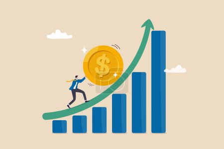 Illustration for Compound interest exponential growth, investing earning profit, wealth management or savings, pension fund growing in long term investment concept, businessman push money coin up exponential graph. - Royalty Free Image