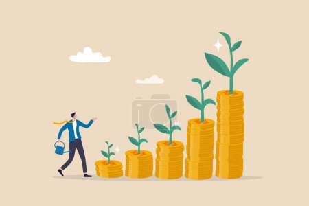 Saving growth, growing investment or earning profit, mutual fund, wealth accumulation or compound interest, pension fund prosperity concept, businessman watering growing coin stack seedling growth.