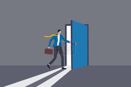 Illustration for Open the door to find new opportunity, new job or get out of comfort zone, hope to find success, way to exit, escape to bright future concept, businessman open the door to see bright light coming in. - Royalty Free Image