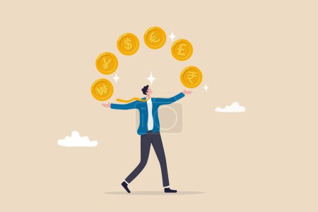 Illustration for Currency exchange, international money transfer or foreign exchange, forex trading, global financial economy or currency convert concept, rich businessman juggling various international money coins. - Royalty Free Image