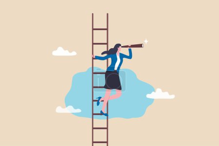 Illustration for Career opportunity, business success vision or searching for new job, leadership visionary, looking for goal, future or business discovery concept, businesswoman climb up ladder looking on telescope. - Royalty Free Image