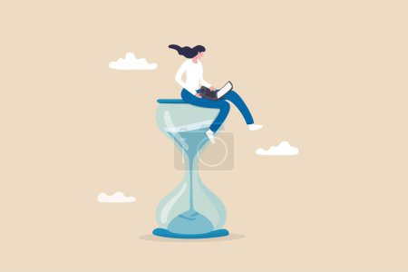 Illustration for Working with time count down, project deadline or time management, urgent work, productivity or work efficiency concept, businesswoman working with computer laptop on time passing sandglass. - Royalty Free Image