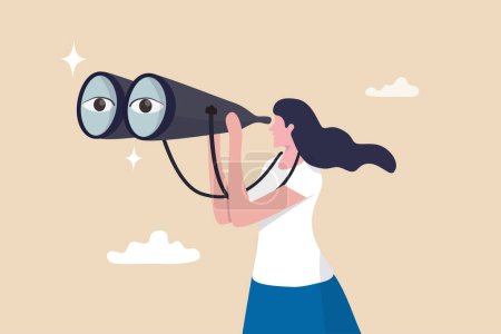 Illustration for Business woman look through binoculars searching for new job or opportunity, vision or look far ahead to find future opportunity, observe or career success, human resources look for candidate concept. - Royalty Free Image