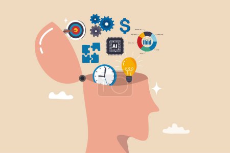 Illustration for Learn new skills, knowledge or ability to work achieve success, new idea, training or study new skills, upskill or smart thinking, human head brain with skills symbol, creativity, time management. - Royalty Free Image