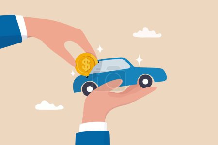 Illustration for Car leasing or car loan, borrow money to buy new car, rental or auto maintenance cost, debt, purchase or buy new vehicle concept, businessman hand owner put dollar money coin into new car. - Royalty Free Image
