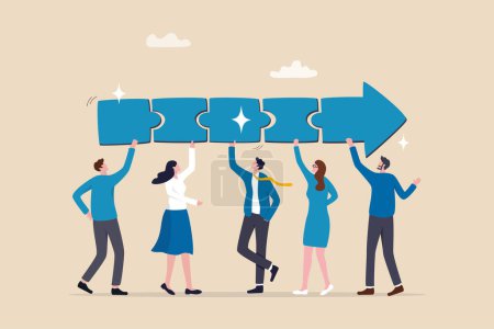 Illustration for Team collaboration for success, teamwork or cooperation, employee participation or organization, partnership work together, career growth concept, business people employee connect arrow jigsaw puzzle. - Royalty Free Image