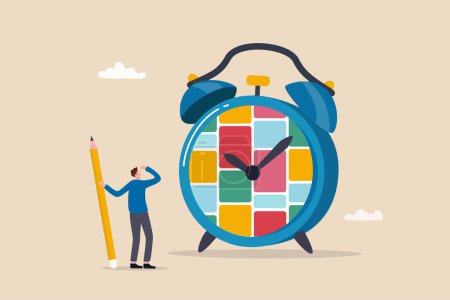 Illustration for Task management or manage project to do list, productivity tools, schedule and deadline, organize busy work, Kanban board for efficiency concept, project manager hold pencil with task on alarm clock. - Royalty Free Image