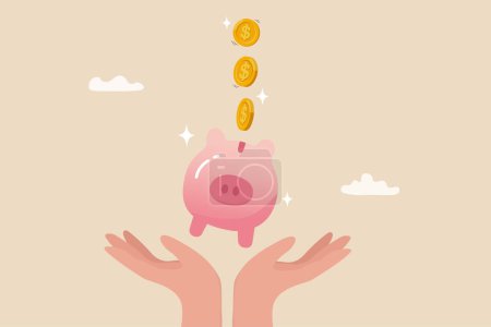 Illustration for Frugality, savings for prosperity or financial success, building wealth or thrifty, budgeting or cut spending to save money for future concept, money dollar coins drop into hand holding piggy bank. - Royalty Free Image