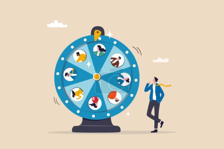 Illustration for Choosing candidate, hiring new headcount or applicant, lucky winner staff, human resources pick new talent or layoff employee concept, businessman HR staff picking candidate by lucky draw wheel. - Royalty Free Image