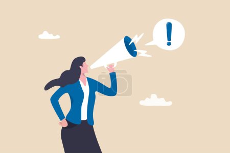 Illustration for Attention announcement, important message or communicate broadcasting, loudspeaker or exclamation point loud voice concept, confidence businesswoman talking on megaphone with exclamation attention. - Royalty Free Image