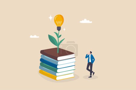 Illustration for Knowledge, wisdom to create new idea, creativity or innovation from reading books, education or learning new skill to success, study or library, smart young man with book stack with light bulb plant. - Royalty Free Image