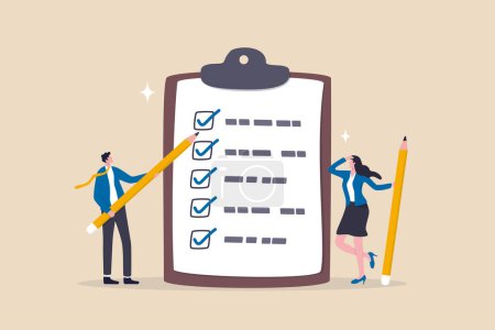 Illustration for Task checklist, clipboard with to do list checkmark, task management to track work completion, accomplishment, survey or questionnaire concept, business people with pencil and checklist clipboard. - Royalty Free Image
