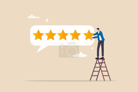 Illustration for 5 stars rating feedback, customer satisfaction, comment or giving product review, best reputation or ranking, assessment, excellent award concept, customer or client giving five stars feedback review. - Royalty Free Image