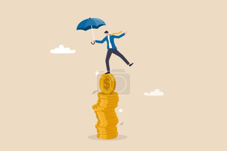 Financial stability, risk or trust, economic challenge, balance or reliability, money management, security or wealth accumulation concept, businessman hold umbrella balance on unstable coins stack.