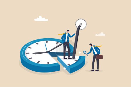 Téléchargez les illustrations : Système de suivi du temps ou de la fréquentation, analyser l'efficacité du travail dans la gestion de projet, la productivité, le flux de travail ou l'effort, les dépenses de temps pour terminer le concept de tâche, l'homme d'affaires a coupé l'horloge en pièce pour analyser. - en licence libre de droit