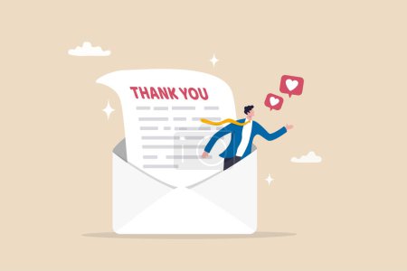 Thank you message, appreciation or greeting to client, customer or employee communication, gratitude letter email, calligraphy concept, businessman saying thank you on thanks message envelope.