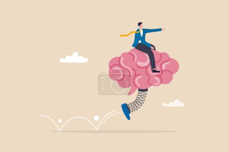 Illustration for Brain intelligence, resilience or creativity to control thinking process for new idea, smart or wisdom to brainstorm, imagination to success concept, businessman riding human brain with springboard. - Royalty Free Image