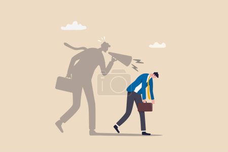 Illustration for Self criticism, negative critic thinking to blame yourself, guilt or depression to rant or inner anxiety, anger or stress psychology concept, depressed businessman self shadow blame with megaphone. - Royalty Free Image