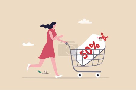 Verkaufsrabatt Online-Shopping, Promotion oder Schnäppchenkauf im Einzelhandel, E-Commerce-Marketing oder Verkaufspreisschild-Konzept, junge Frau mit Einkaufswagen 50 Prozent Rabatt-Preisschild.