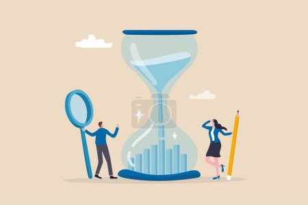 Time management or employee timesheet analysis, time tracking efficiency or productivity, working hour or project schedule concept, business people project manager analyze time graph in sandglass.