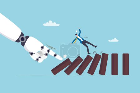 Illustration for AI to disrupt human work, Artificial intelligence impact or challenge, job uncertainty future, innovation effect, AI change concept, AI robot arm push to collapse domino, businessman falling down. - Royalty Free Image