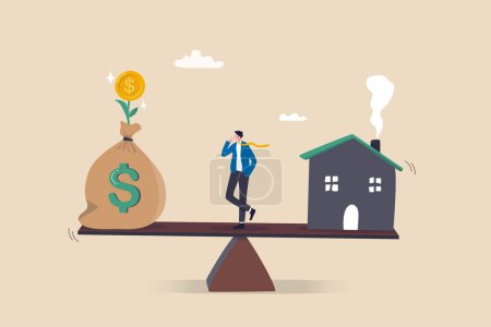 Illustration for Decision between pay off mortgage or invest in stock market, most benefit or profit, financial decision, option to choose concept, businessman think between pay off mortgage and invest for profit. - Royalty Free Image