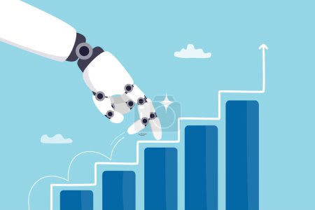 Illustration for Rise of AI artificial intelligence, innovation technology to develop growth, success or progress, automation or AI for marketing and financial business concept, robot hand walk up growth graph. - Royalty Free Image