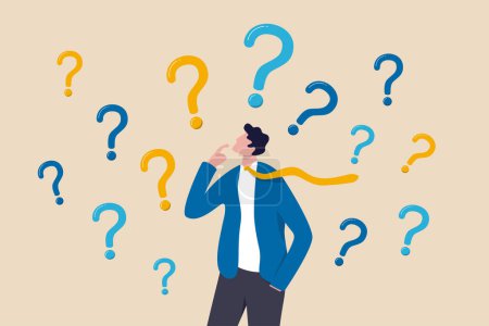 Illustration for Ask questions, FAQ, problem or curiosity, doubt and confusion to be answer, challenge and uncertainty, unknown information or solution concept, contemplation businessman thinking with question marks. - Royalty Free Image