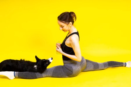 Frontera collie perro y deporte fitness mujer en frente de un amarillo fondo rojo