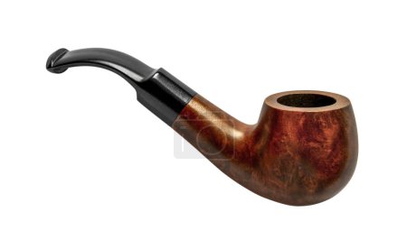 Bent tobacco pipe with saddle stem made of briar wood isolated in white back