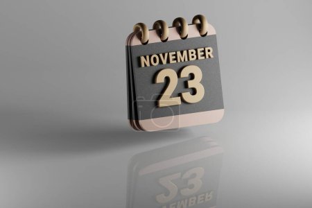 Photo for Standing black and golden month lined desk calendar with date November 23. Modern design with golden elements, 3d rendering illustration. White ceramic reflection background.. - Royalty Free Image