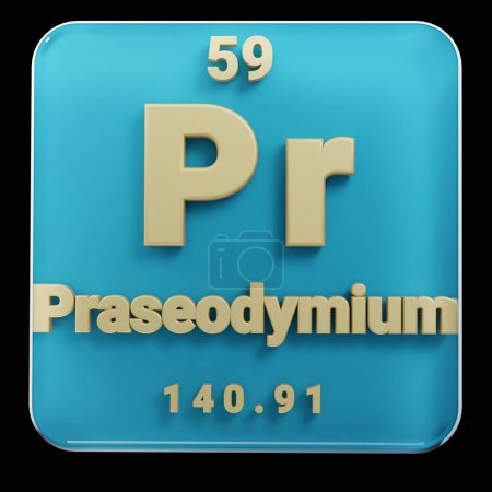 Photo for Beautiful abstract illustrations Standing black and red Praseodymium  element of the periodic table. Modern design with golden elements, 3d rendering illustration. Blue gray background. - Royalty Free Image