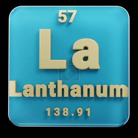 Photo for Beautiful abstract illustrations Standing black and red Lanthanum  element of the periodic table. Modern design with golden elements, 3d rendering illustration. Blue gray background. - Royalty Free Image