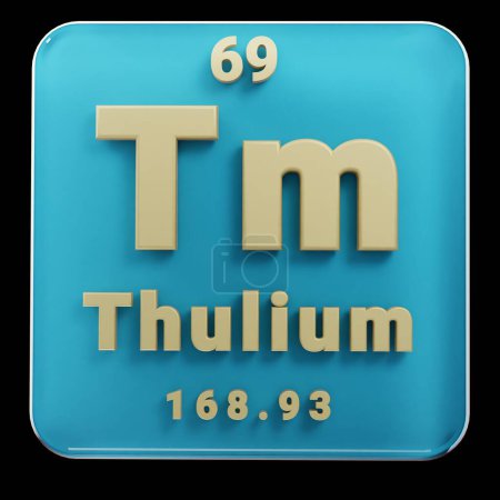 Photo for Beautiful abstract illustrations Standing black and red Thulium  element of the periodic table. Modern design with golden elements, 3d rendering illustration. Blue gray background. - Royalty Free Image