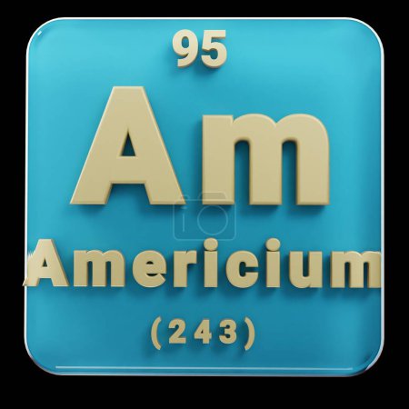 Photo for Beautiful abstract illustrations Standing black and red Americium  element of the periodic table. Modern design with golden elements, 3d rendering illustration. Blue gray background. - Royalty Free Image