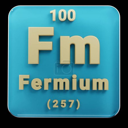 Photo for Beautiful abstract illustrations Standing black and red Fermium  element of the periodic table. Modern design with golden elements, 3d rendering illustration. Blue gray background. - Royalty Free Image