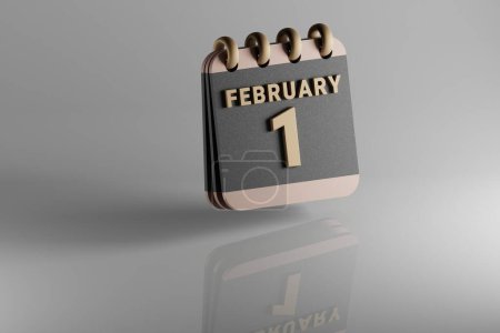 Photo for Standing black and golden month lined desk calendar with date February 1. Modern design with golden elements, 3d rendering illustration. White ceramic reflection background.. - Royalty Free Image