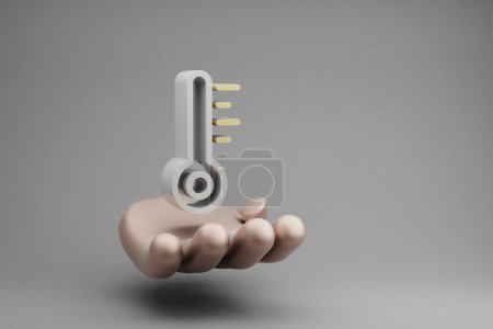 Foto de Beautiful abstract illustrations Golden Hand Holding Thermometer symbol icon on a gray background. 3d rendering illustration. Background pattern for design. Save Ecological. - Imagen libre de derechos
